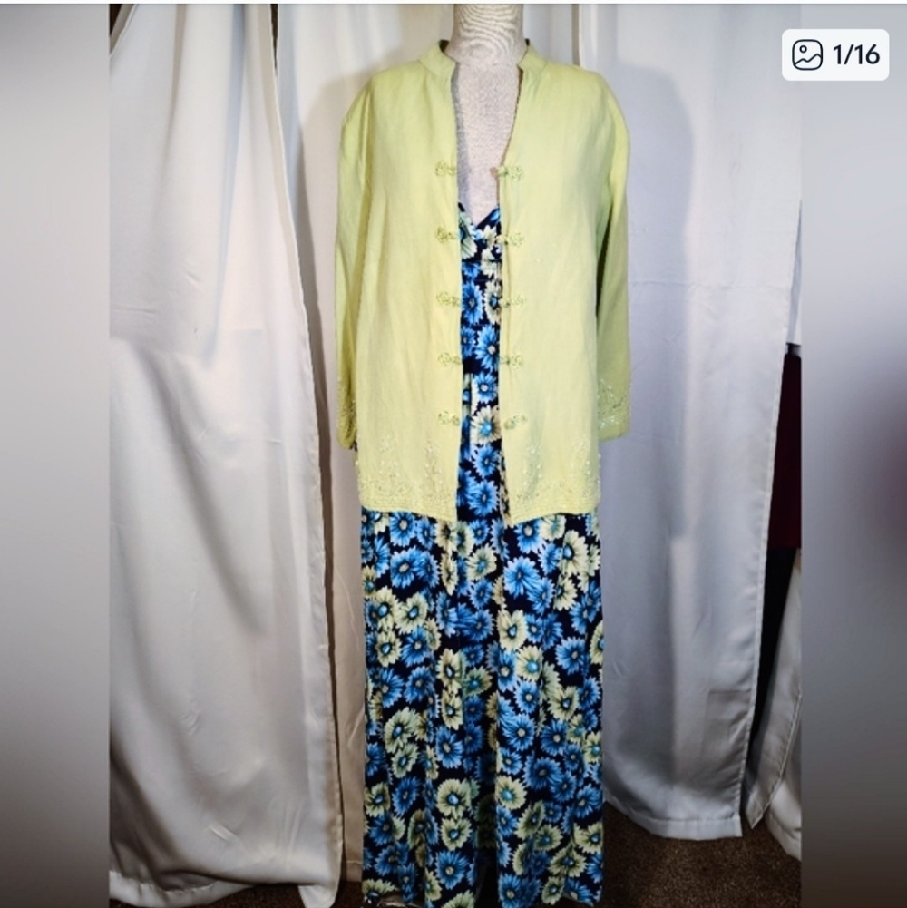 Just Love Dress,TAG,Blue/Green Floral Maxi  +Dressbarn BttnUp Silk Grn Jacket,XL